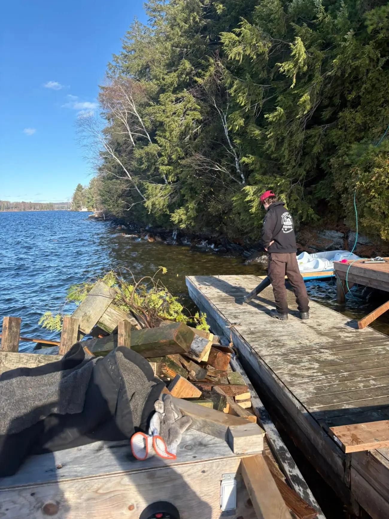 Crofty's Plumbing & Off-Shore Services on a water-access cottage dock on a Muskoka lake